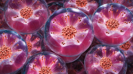 This stunning microscopic image reveals colorful cells with floral-like structures that symbolize the beauty of life and nature, perfect for educational and scientific purposes.の素材