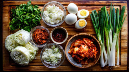 A vibrant arrangement of fresh ingredients including vegetables, herbs, and boiled eggs ideal for Korean cuisine preparation on a wooden cutting board.の素材
