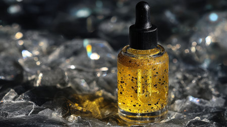 Captivating dropper bottle filled with golden oil is beautifully positioned on shards of glass, offering a unique aesthetic perfect for skincare, beauty, or wellness-themed projects.の素材
