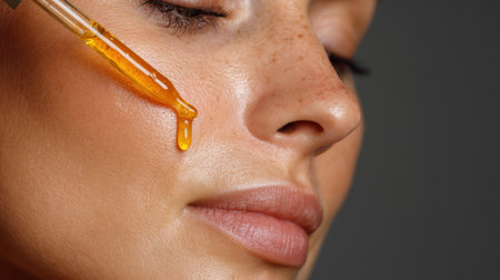 A woman applies a golden serum to her cheek using a dropper, showcasing an intimate moment of skincare that enhances natural beauty while promoting healthy skin texture.の素材