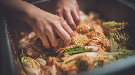 Close-up view of hands skillfully mixing fresh vegetables and spices in a bowl, emphasizing the art of preparing a traditional dish with rich colors and textures.の素材