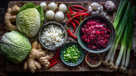 A vibrant arrangement of fresh vegetables and herbs on a rustic wooden table, perfect for healthy cooking and meal preparation with colorful, nutritious ingredients.の素材
