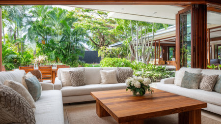 Discover a serene indoor living space featuring stylish furniture and vibrant greenery, perfect for relaxation and socializing in a bright, open atmosphere.の素材