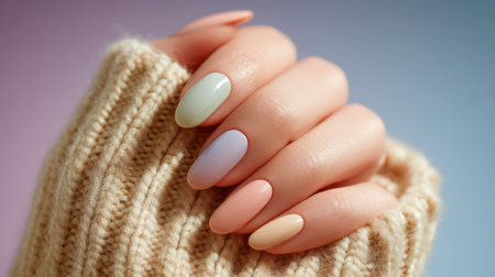 A beautifully manicured hand with pastel nail colors rests gently on a cozy knitted sweater. The soft tones and textures convey a sense of warmth and stylish winter elegance.の素材