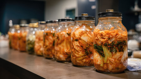 A visually appealing display of glass jars filled with vibrant kimchi, showcasing the art of fermentation and the beauty of traditional food preservation methods in a modern kitchen setting.の素材