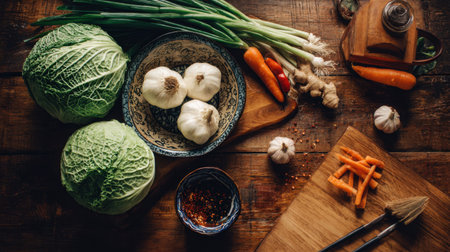 A vibrant arrangement of fresh vegetables including garlic, ginger, cabbage, and carrots, set on a rustic wooden table, perfect for promoting healthy cooking and meal preparation.の素材