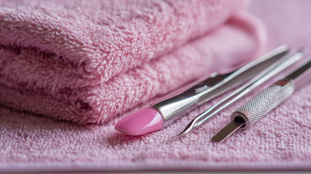 A serene composition featuring a soft pink towel alongside essential nail care tools. Perfect for showcasing self-care routines, manicures, and spa settings.の素材