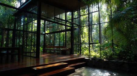 Experience the beauty of a modern glass house nestled in a tropical forest, featuring large windows that invite natural light and create a serene atmosphere for relaxation.の素材