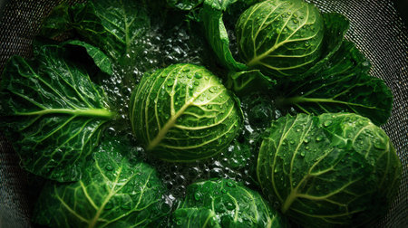 A stunning close-up of fresh green cabbage leaves glistening with water droplets in a metal strainer, creating a vibrant and appetizing aesthetic perfect for culinary themes.の素材