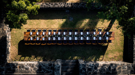 An elegant outdoor dining setup featuring a long wooden table surrounded by lush greenery and stone walls, ideal for events and gatherings in a serene natural environment.の素材