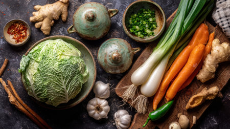 A vibrant display of fresh vegetables featuring cabbage, carrots, garlic, ginger, and chili on a rustic surface, ideal for healthy cooking and meal preparation.の素材