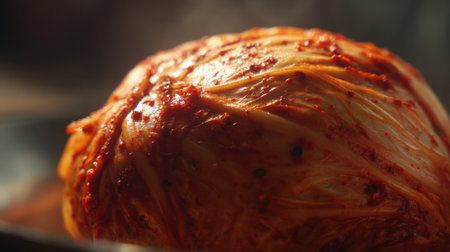 A vivid close-up of a fermented kimchi cabbage showcasing its spicy red pepper paste and steam, reflecting the rich culinary heritage of Korean food traditions.の素材