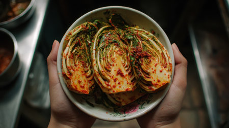 A close-up view of fresh kimchi, showcasing vibrant colors and textures, held in hands, representing traditional culinary practices and cultural heritage. Perfect for food enthusiasts.の素材