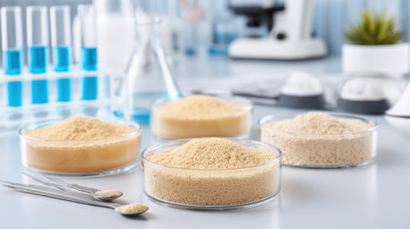 A vibrant display of assorted powders in petri dishes highlights the intricate details of laboratory work, perfect for showcasing scientific research and analysis themes.の素材