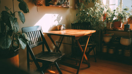 A tranquil indoor setting featuring a wooden table and chairs surrounded by vibrant green plants, inviting natural light for a peaceful atmosphere and an uplifting decor.の素材