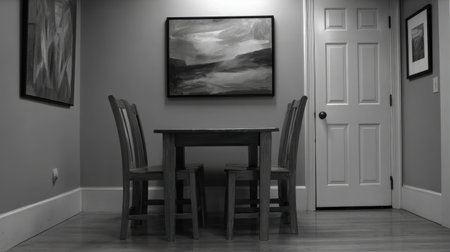 A serene monochrome image of a minimalist dining area featuring a wooden table and chairs, complemented by abstract art on the walls, evoking a calm and inviting ambiance.の素材