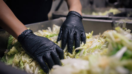 Close-up of hands wearing black gloves skillfully preparing fresh lettuce in a professional kitchen, emphasizing food safety and the art of food preparation for healthy meals.の素材