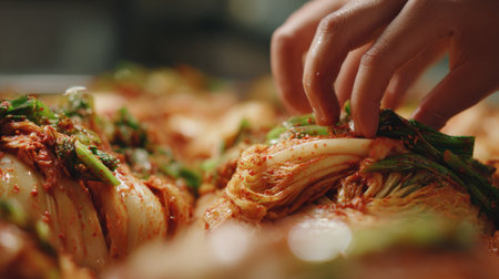 A close-up view of hands delicately preparing traditional kimchi, showcasing fresh vegetables and spices, celebrating the art of Korean culinary traditions.の素材