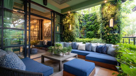 Experience tranquility in this stylish lounge area featuring modern seating, decorative cushions, and a beautiful vertical garden that brings nature indoors.の素材