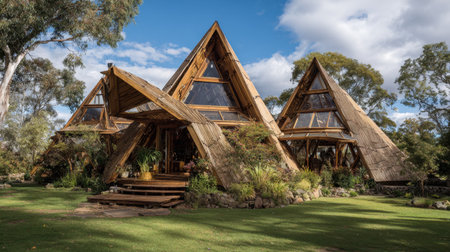 This image showcases three distinctive wooden houses with triangular shapes, set in a vibrant green landscape under a beautiful sky, emphasizing modern eco-friendly design.の素材