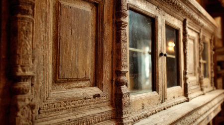Discover the beauty of vintage wood craftsmanship in this detailed image of a cabinet with intricate carvings and glass panels, perfect for rustic interior decor inspiration.の素材