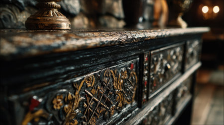 This image showcases a beautifully carved antique wooden cabinet, highlighting intricate details and textures that enhance the charm of any interior space.の素材