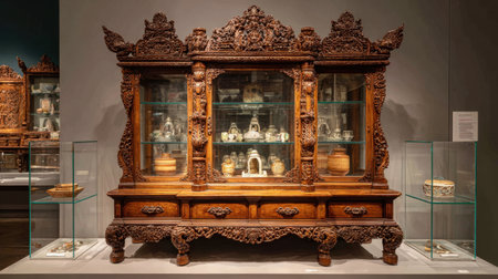 This image features a stunning wooden display cabinet located in a museum, highlighting intricate carvings and showcasing various cultural artifacts, representing traditional craftsmanship.の素材