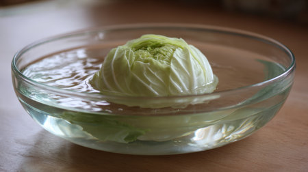 A fresh green cabbage leaf floats elegantly in a shallow bowl of clear water, showcasing its vibrant color and texture for culinary inspiration and healthy eating.の素材
