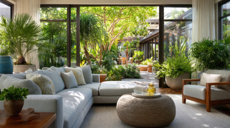 A bright and spacious indoor living area featuring a modern sofa, vibrant plants, and a tranquil atmosphere, creating a peaceful retreat in harmony with nature.の素材