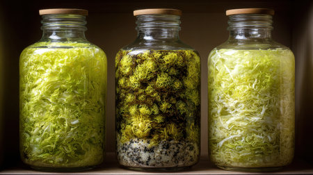 Three glass jars display a colorful assortment of shredded fermented vegetables, showcasing a vibrant approach to healthy eating and food preservation.の素材