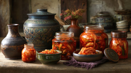 A stunning display of traditional kimchi jars and pottery on a wooden table captures the essence of homemade fermentation and cultural heritage in a cozy kitchen environment.の素材