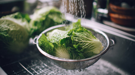 A fresh head of green lettuce is being rinsed in a metal colander under running water in a kitchen sink, emphasizing healthy food preparation for nutritious meals.の素材