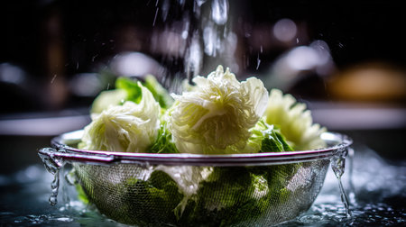 A vibrant image showcasing freshly cleaned lettuce in a colander, illuminated by glimmering water droplets, creating a lively atmosphere for healthy cooking and meal preparation.の素材
