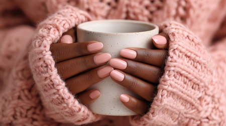 A pair of hands with pink nails cradles a light-colored mug, wrapped in a soft knit sweater, evoking warmth, comfort, and relaxation during chilly seasons.の素材