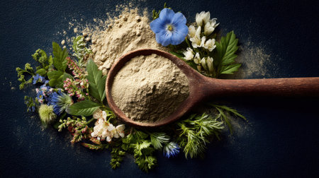 A rustic wooden spoon filled with herbal powder rests on a vibrant array of wildflowers and greenery, showcasing the beauty of nature's bounty and promoting a healthy lifestyle.の素材