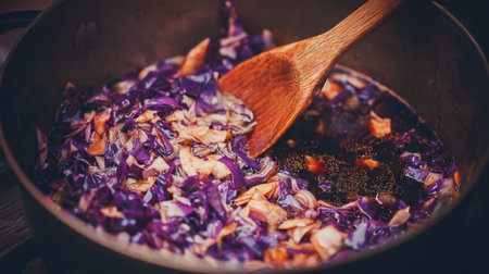Discover the beauty of cooking with this vibrant image of chopped purple cabbage and a wooden spoon, perfect for illustrating healthy meal preparation and fresh ingredients.の素材