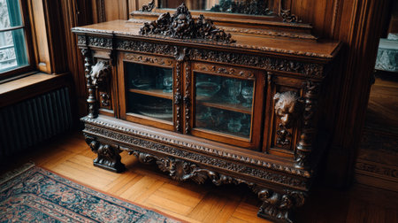 This photograph features an ornate wooden furniture piece with intricate carvings and glass display, embodying the elegance and artistry of classic vintage design in a historical interior space.の素材
