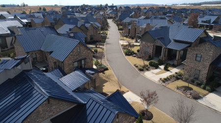 A captivating aerial view of a suburban neighborhood showcasing modern homes with blue metal roofs surrounded by landscaped gardens and clear pathways.の素材