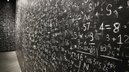 This captivating image showcases an abstract wall filled with intricate mathematical equations, creating a unique blend of art and science in a modern interior setting.の素材