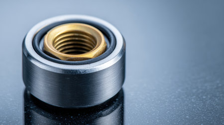 A striking close-up showcasing a metallic threaded nut with a golden insert, set against a sleek reflective surface, exemplifying superior industrial design and precision engineering.の素材