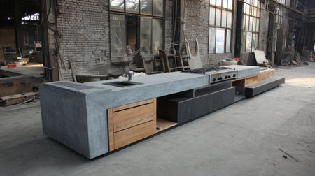 A striking modern kitchen island features a blend of concrete and wood elements, set against an industrial warehouse backdrop, highlighting unique design and minimalist appeal.の素材