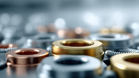 A detailed close-up image of assorted metal washers in different colors and finishes, perfect for showcasing industrial themes and mechanical applications in various projects.の素材