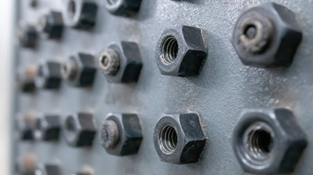 This close-up image showcases various industrial nuts attached to a metal surface, highlighting textures and signs of wear that reflect their use in mechanical applications.の素材