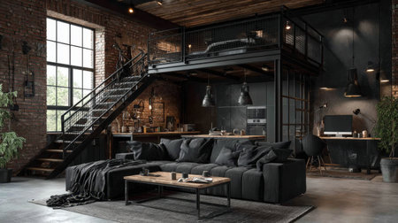 Discover a stunning industrial loft interior featuring a cozy sofa, dark aesthetics, and a unique lofted bedroom, perfect for modern living and stylish decoration ideas.の素材