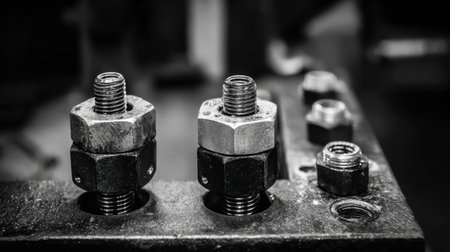 A striking black and white image showcasing the intricate details of metal bolts and nuts arranged on an industrial workbench, emphasizing their mechanical design and robust texture.の素材