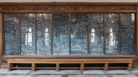A captivating chalkboard wall filled with detailed writings and sketches in a historic classroom, accompanied by a rustic wooden bench, offering an inspiring space for creativity and learning.の素材