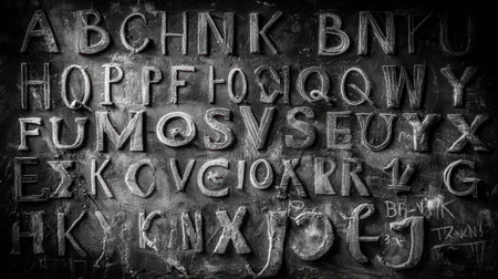 A visually striking chalkboard with a collection of unique alphanumeric characters, evoking a vintage aesthetic that inspires creativity and educational themes.の素材