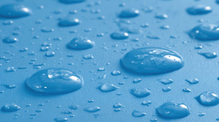 This close-up image showcases shiny water droplets resting on a smooth blue surface, highlighting reflections and textures that evoke a sense of tranquility and freshness.の素材