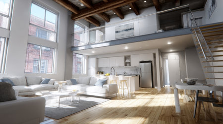 Discover a spacious living area with modern design elements, showcasing inviting furniture, abundant natural light, and a contemporary kitchen that blends comfort with style.の素材