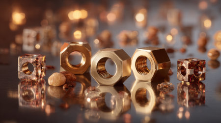 Explore the intricate details of shiny brass nuts and bolts, artistically arranged against a backdrop of sparkling stones, perfect for industrial and creative themes.の素材